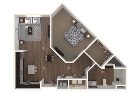 Floor plan for 1 bed, 1 bath, 762 sqft